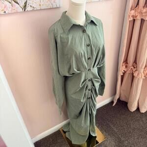 Fashion Nova Sage Green Button Front Ruched Dress